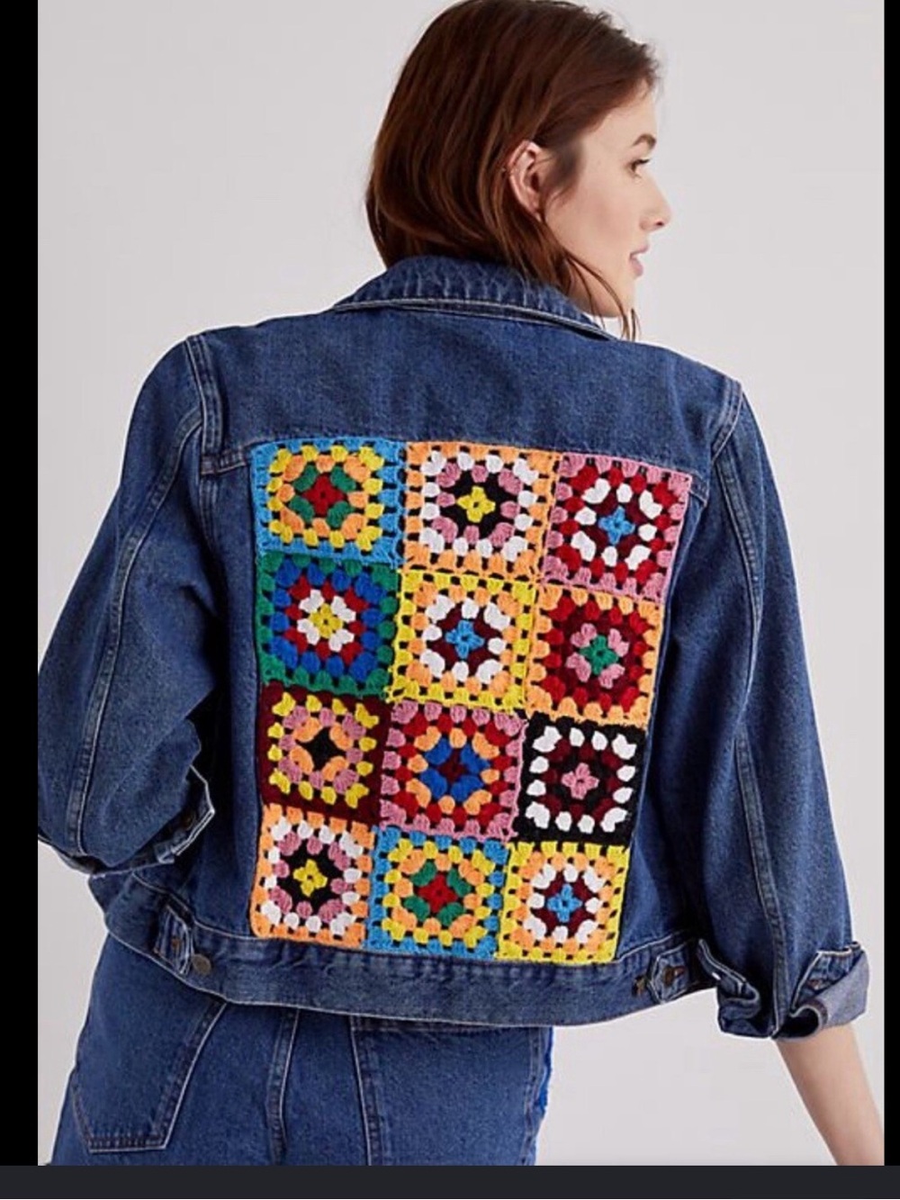 FARM Rio for Anthropologie crochet denim trucker jean jacket size medium boho